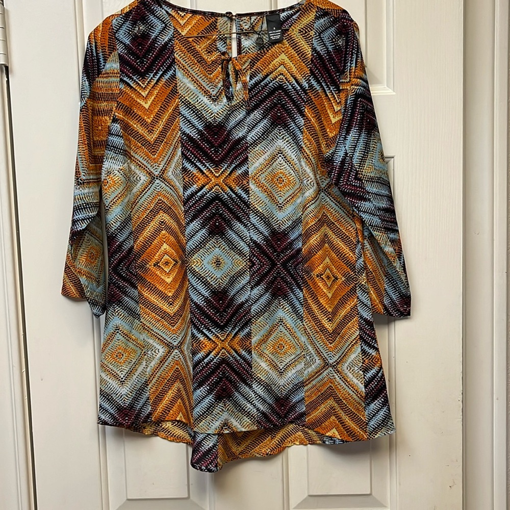 BKE Orange/blue/purple Tie neck blouse S NWOT